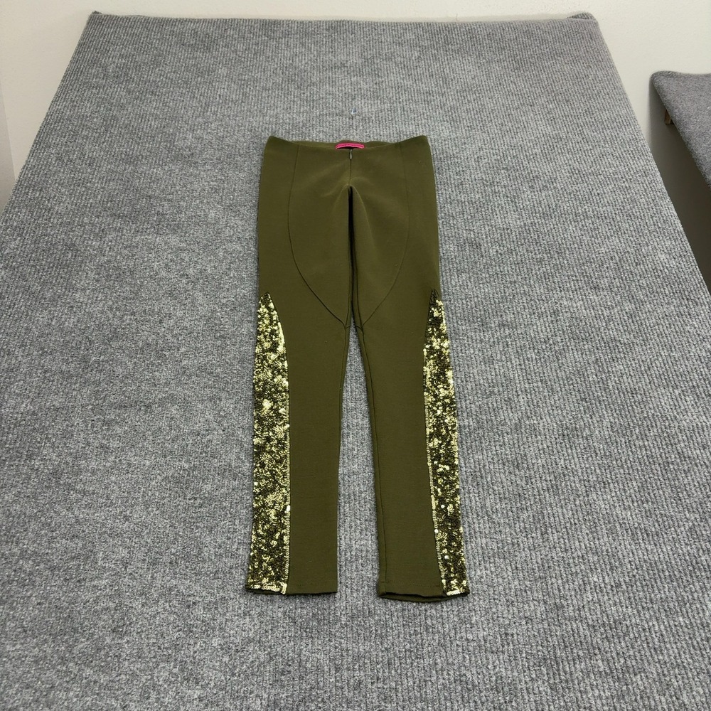 Alice + Olivia Leggings Womens 26 Olive Green Sequin Side Stripe Glam Chic